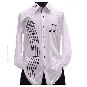Axxess White Cotton Black Music Notes Embroidery High Collar French Cuff Shirt 3